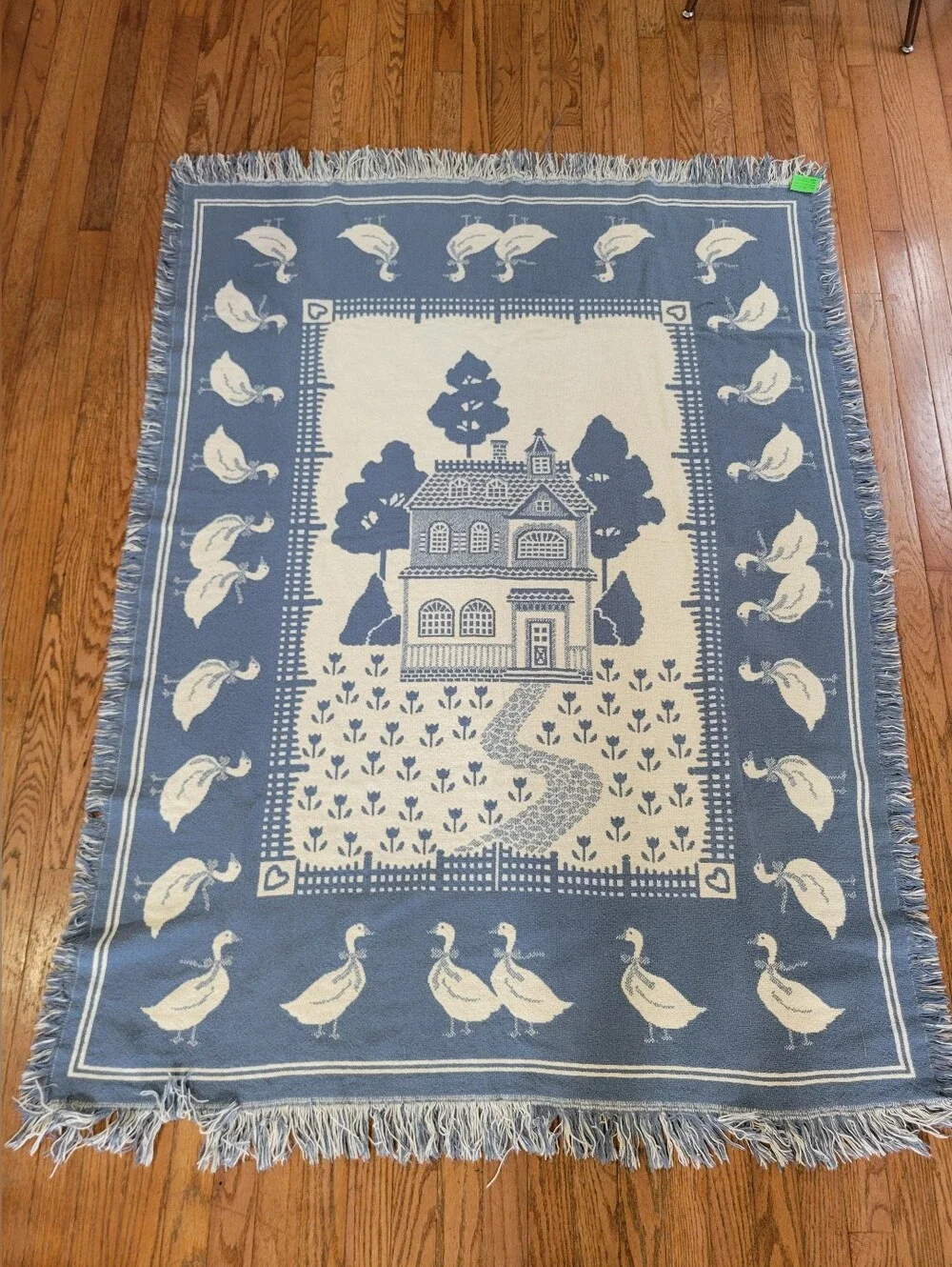 Vtg Woven Tapestry Throw Blanket Country Geese House Cottagecore Blue 48x62